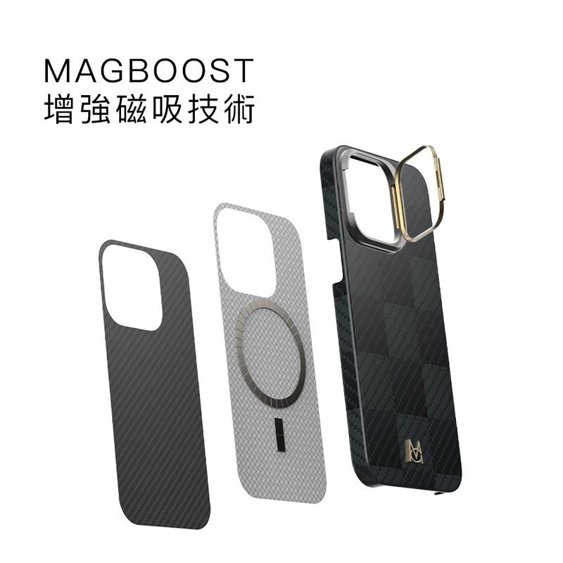 超強磁吸防彈纖維保護殼 iPhone 15 系列（附帶手機支架）- 亮面方格黑