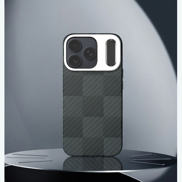 iPhone 17 系列磁吸支架式防彈纖維手機殼 - 消光方格黑