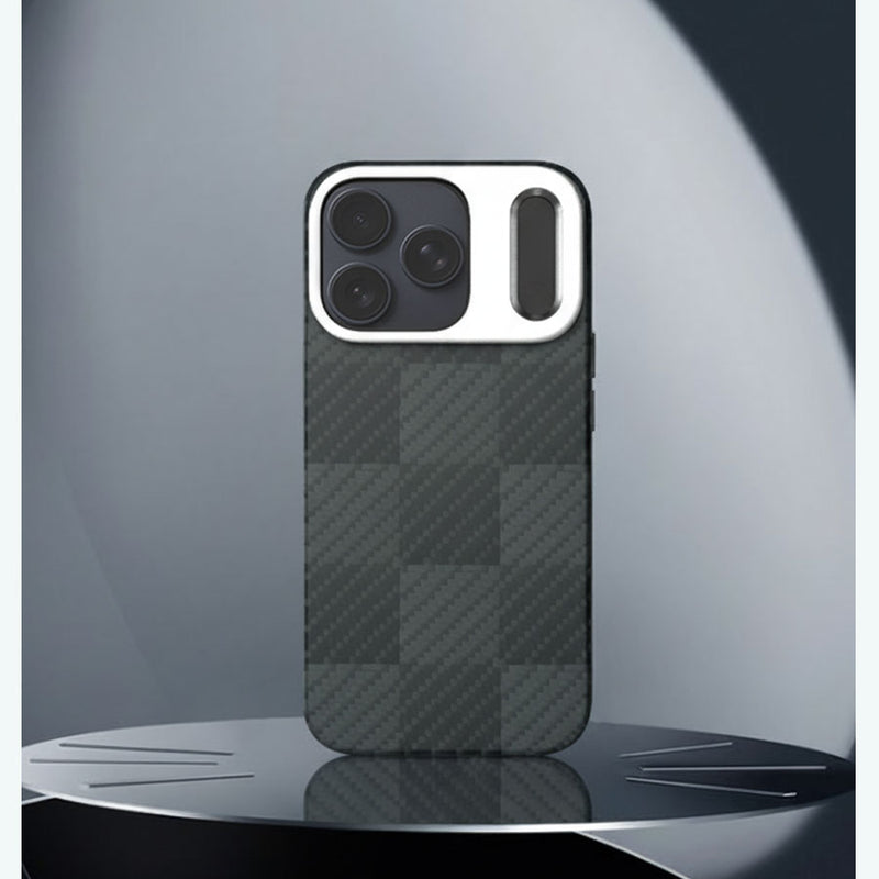 iPhone 17 系列磁吸支架式防彈纖維手機殼 - 消光方格黑