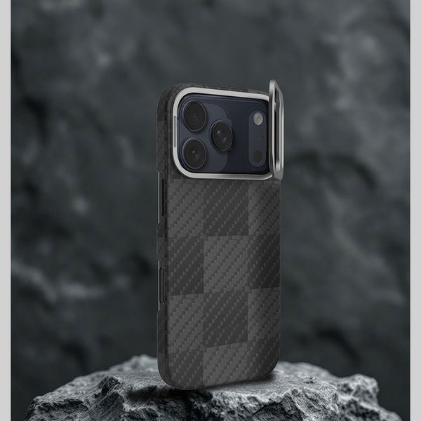 iPhone 17 系列磁吸支架式防彈纖維手機殼 - 消光方格黑