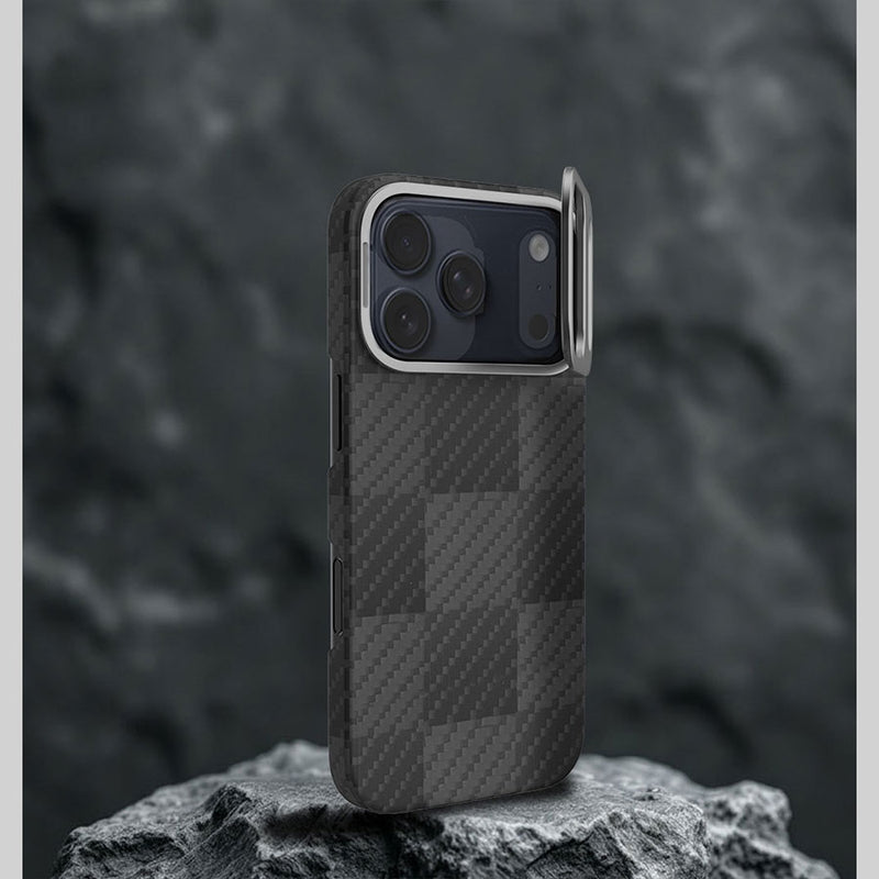 iPhone 17 系列磁吸支架式防彈纖維手機殼 - 消光方格黑